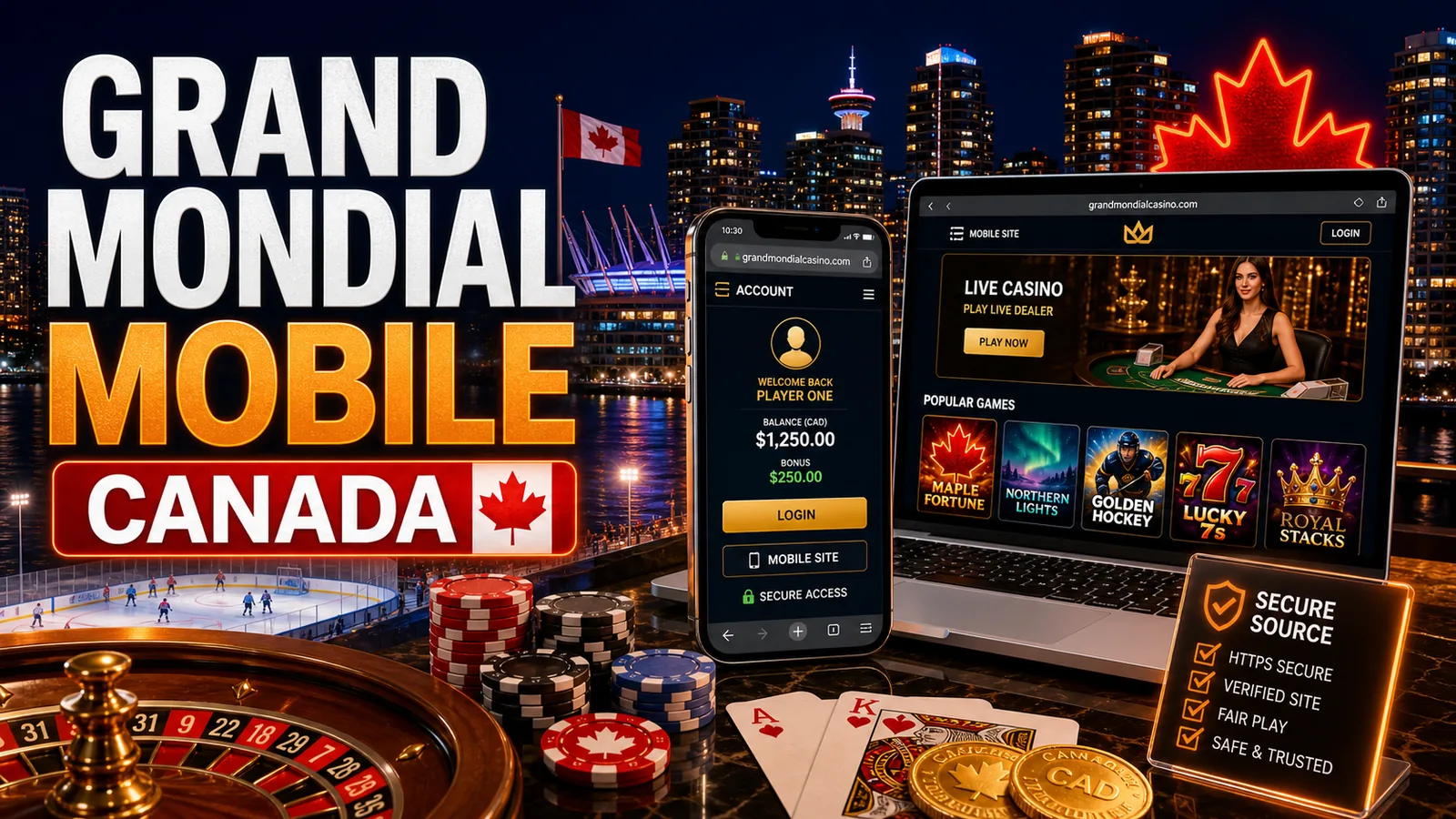 Phone and laptop side-by-side with casino mobile interface placeholder