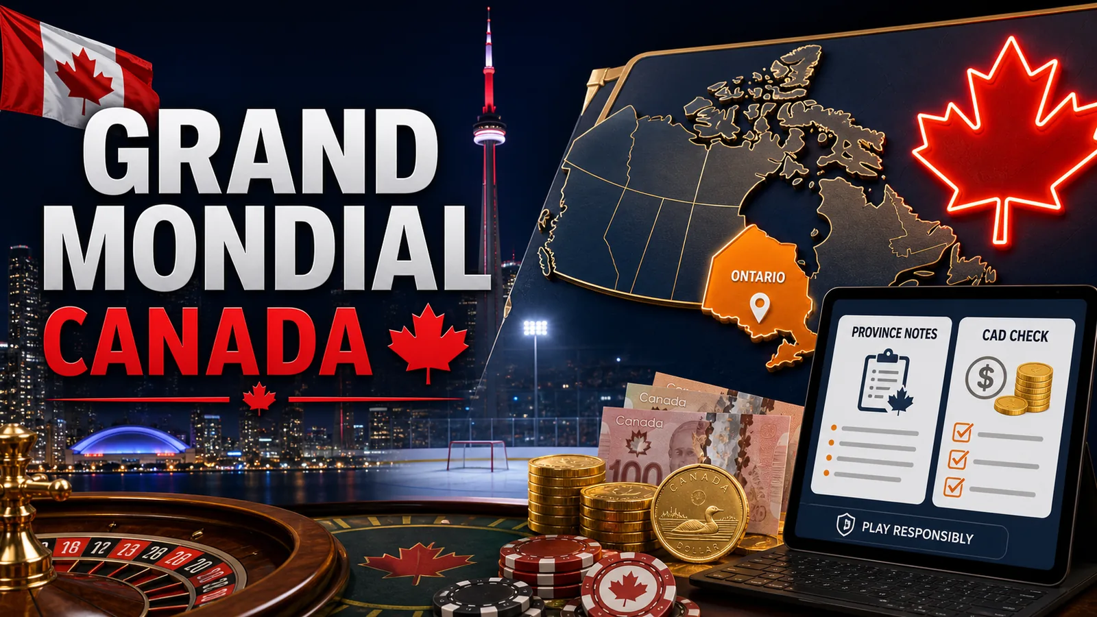 Canada map with Ontario callout, CAD cashier and responsible gambling badge