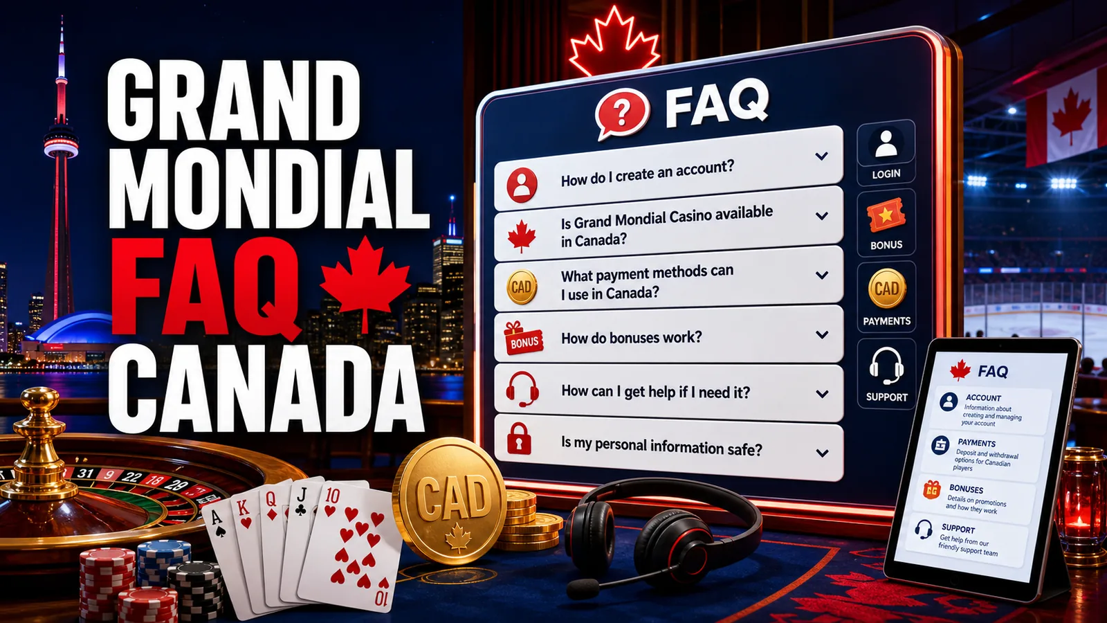 FAQ accordion visual with Canada and account icons