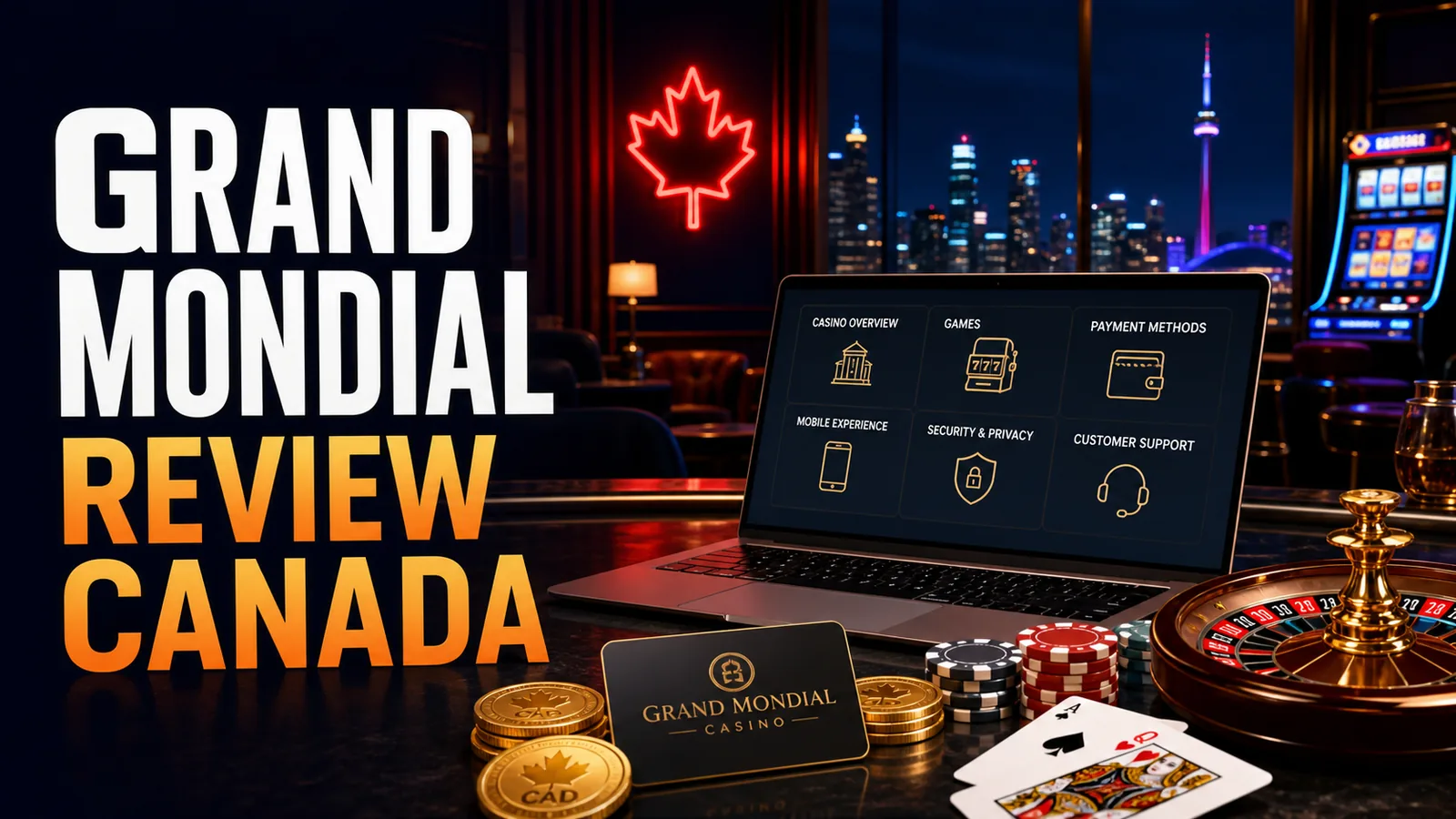 Premium casino review board with Canada/CAD accents and loyalty card